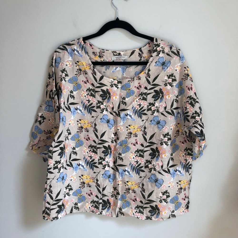 Viola Borghi Floral Butterfly Print Linen Top